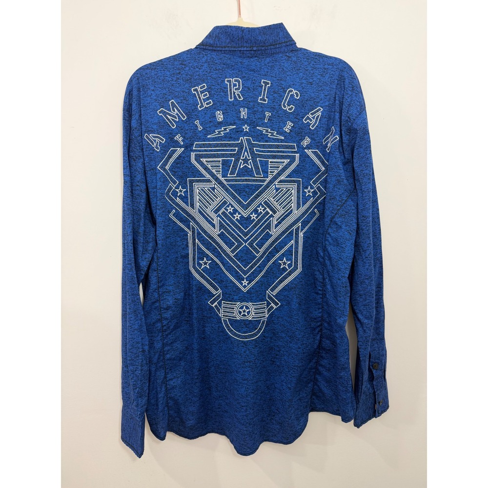 American Fighter Affliction Mens XL Blue Space Dye Graphic Button Down Shirt